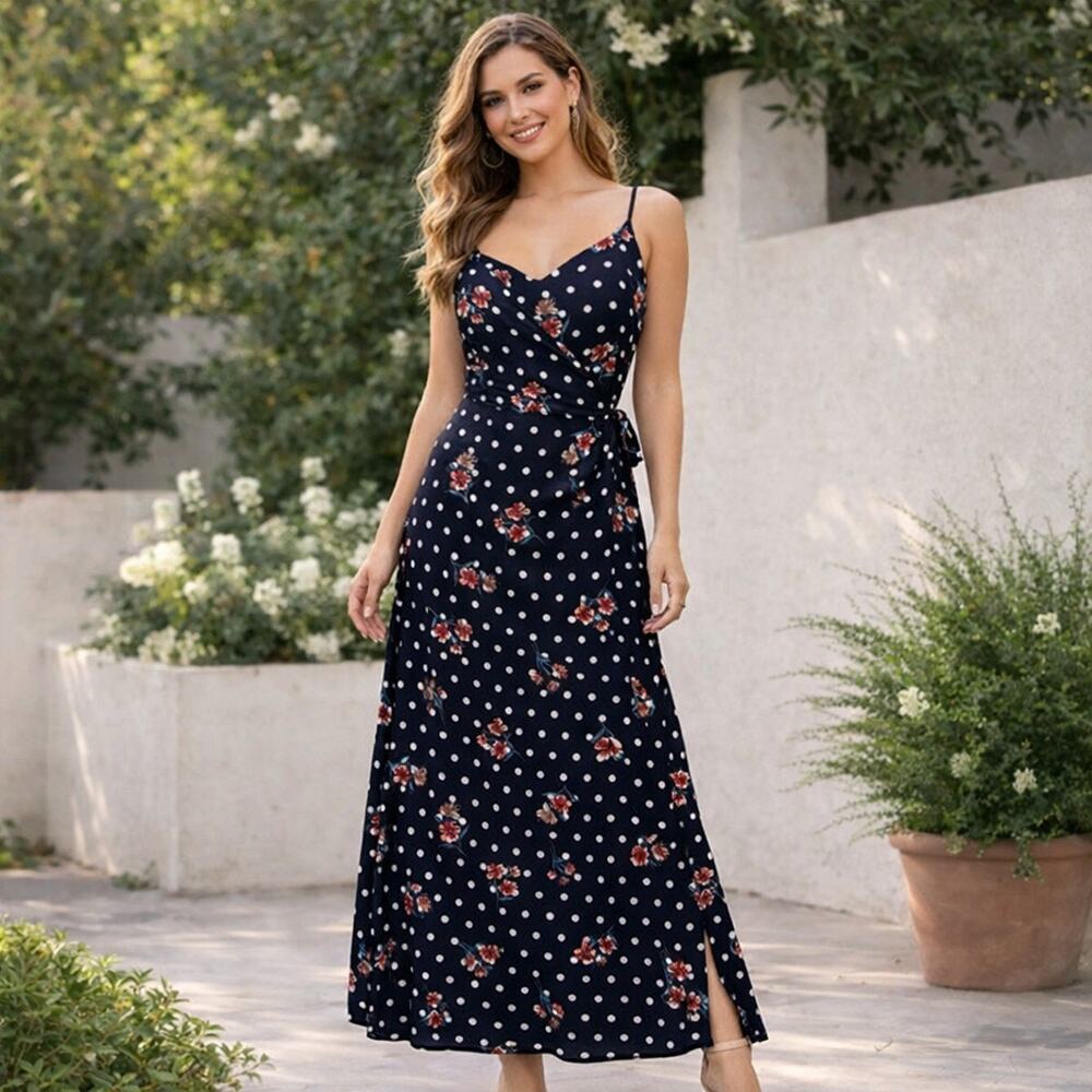 NWT Philosophy Black Polka Dot Maxi Dress Floral Side Tie Slip Strappy Size 10